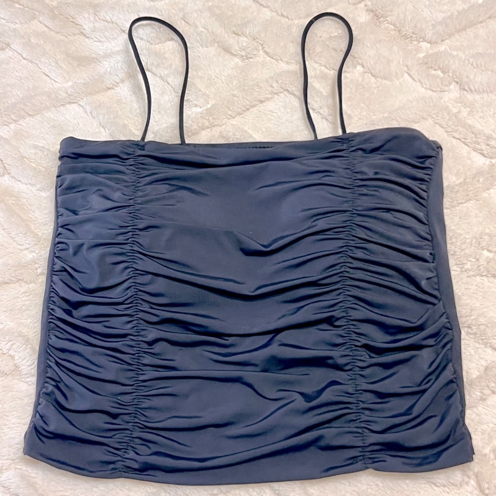 Black Strappy Ruched Satin Tank Top